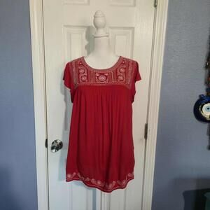 Faded Glory Women Size M (8-10) Red Embroidered Texas Tunic Top Mexican Floral